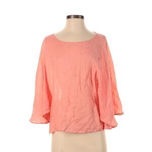 Yuvita 100% Linen Ruffled 3/4 Sleeve Flowy Boho Peach Coral Scoop Neck Blouse XS